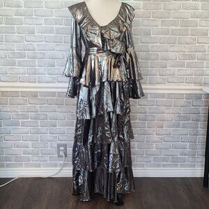 Rosevelvet Silver Metallic Maxi Dress Tiers Ruffle Bell Sleeve NEW Romantic Glam